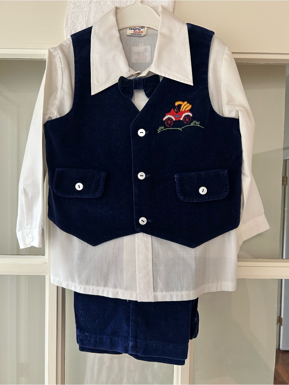 Vintage 1980s Toddler Velvet Suit Set Navy Blue Antique Car 2T Formal